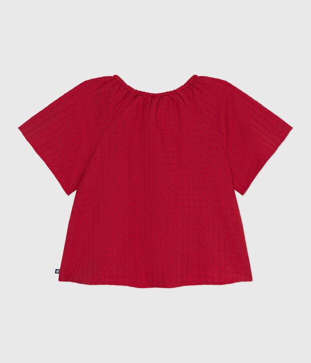 Blusa infantil de manga corta de algod&oacute;n con motivo de flores rojo