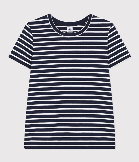 La camiseta RECTA de algodón con cuello redondo para mujer azul SMOKING/blanco MARSHMALLOW