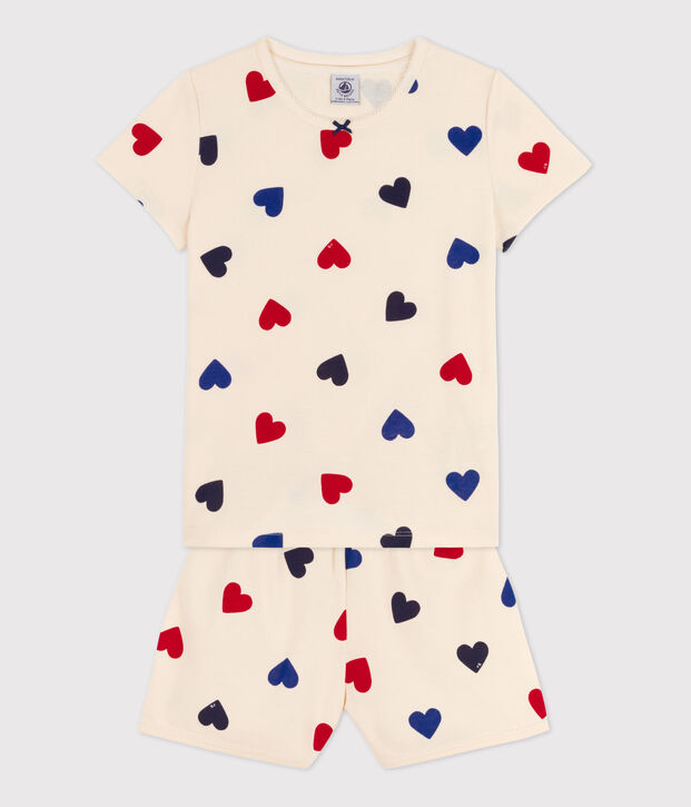 Pijama corto de coraz&oacute;n de algod&oacute;n de ni&ntilde;a crudo/multicolor