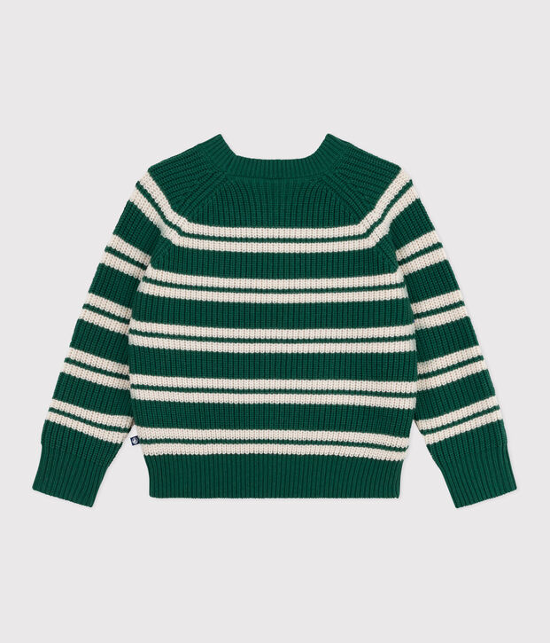 Jersey infantil de lana y algod&oacute;n a rayas verde/crudo