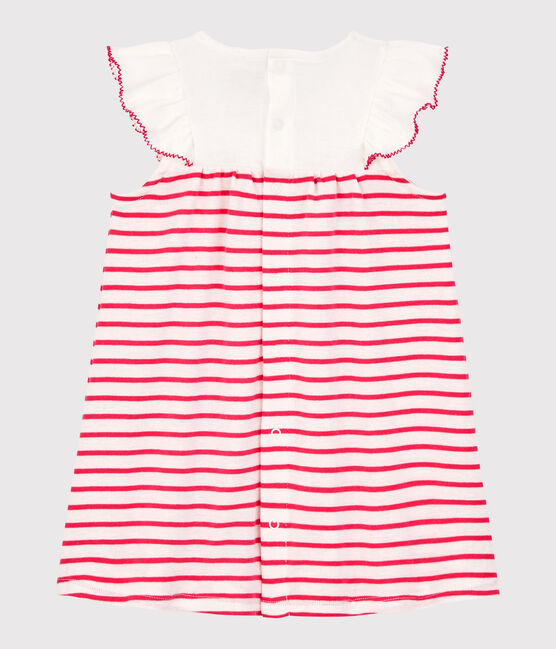 Vestido de manga corta de canalé de rayas de bebé niña blanco MARSHMALLOW/rosa GEISHA