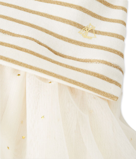 Vestido bi-materia de rayas brillantes beige COQUILLE/amarillo LUREX DORE