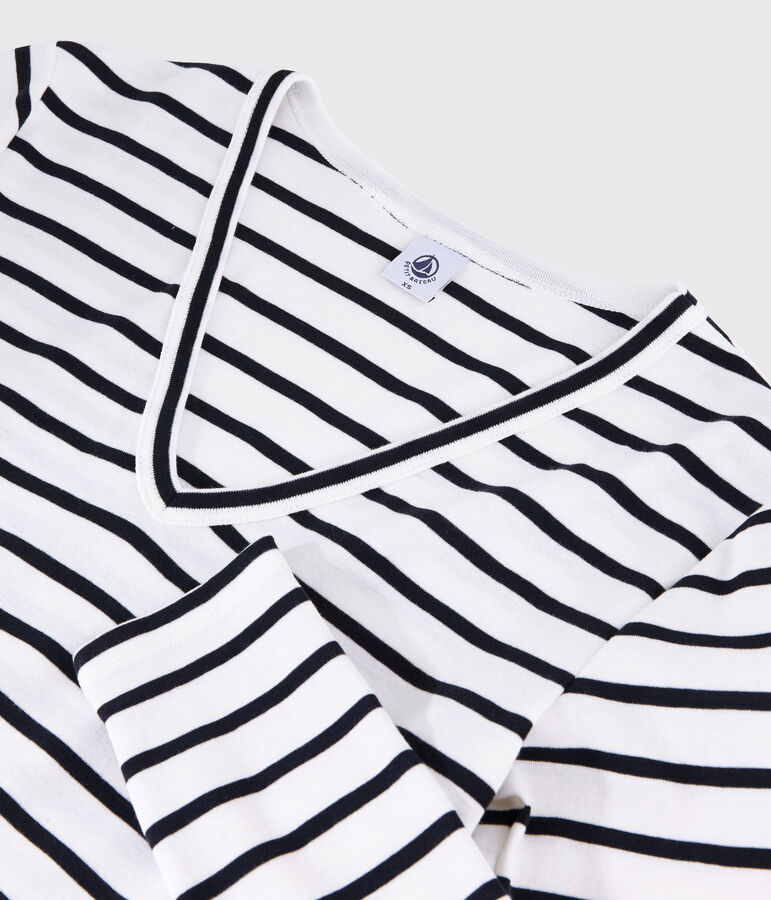 Camiseta de cuello de pico emblem&aacute;tica de algod&oacute;n a rayas de mujer blanco/azul