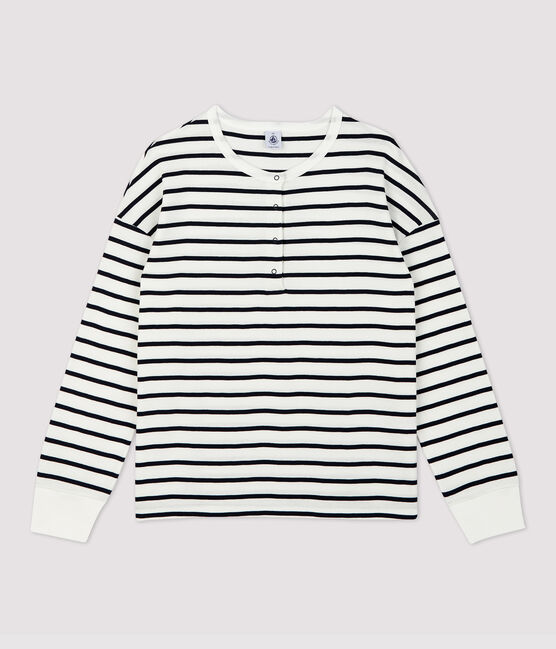 Camiseta marinera con cuello mao de algodón de mujer blanco MARSHMALLOW/azul SMOKING