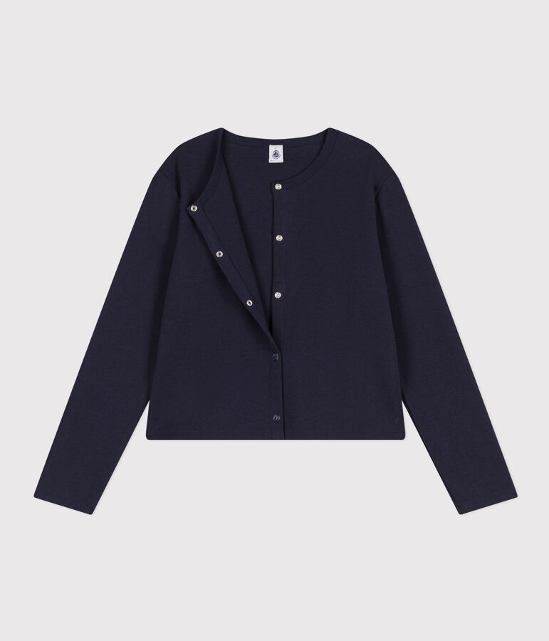 C&aacute;rdigan de algod&oacute;n con botones de presi&oacute;n para mujer azul