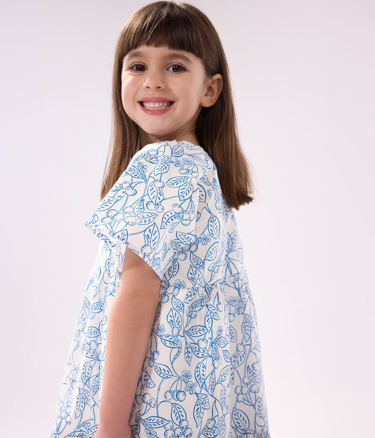 Vestido infantil de algod&oacute;n estampado de manga corta blanco/azul