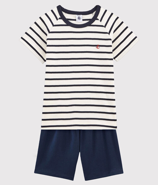 Pijama corto marinera de ni&ntilde;o de algod&oacute;n blanco/azul