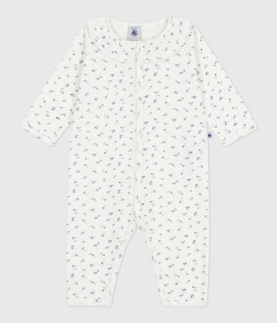 Pijama sin pies de algodón calado con cuello estampado de flores para bebé blanco MARSHMALLOW/blanco MULTICO