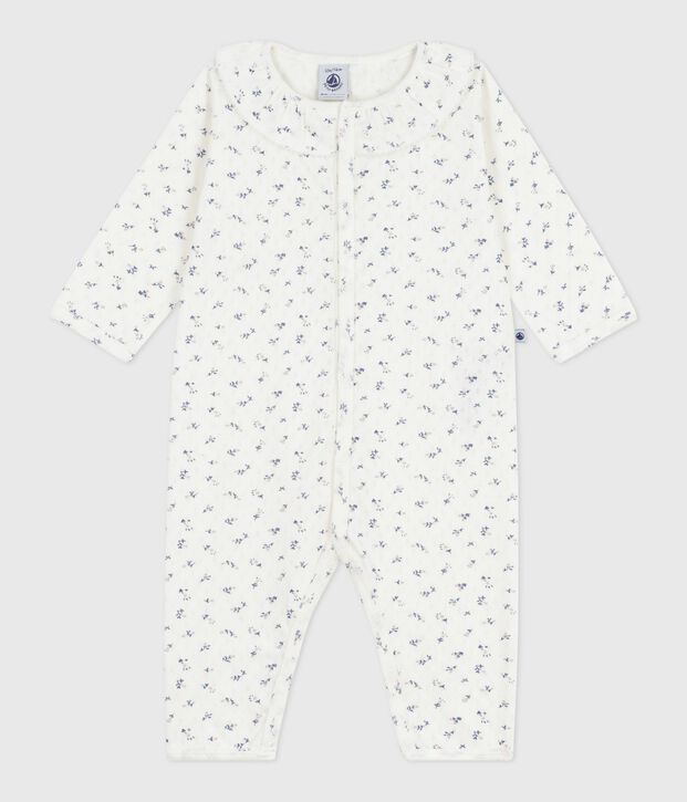 Pijama sin pies de algod&oacute;n calado con cuello estampado de flores para beb&eacute; blanco/multicolor