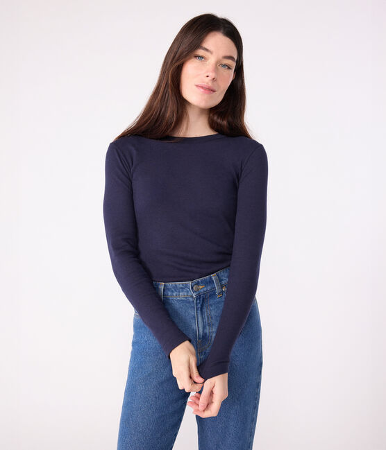 Camiseta Icónica de manga larga de lana y algodón para mujer azul SMOKING