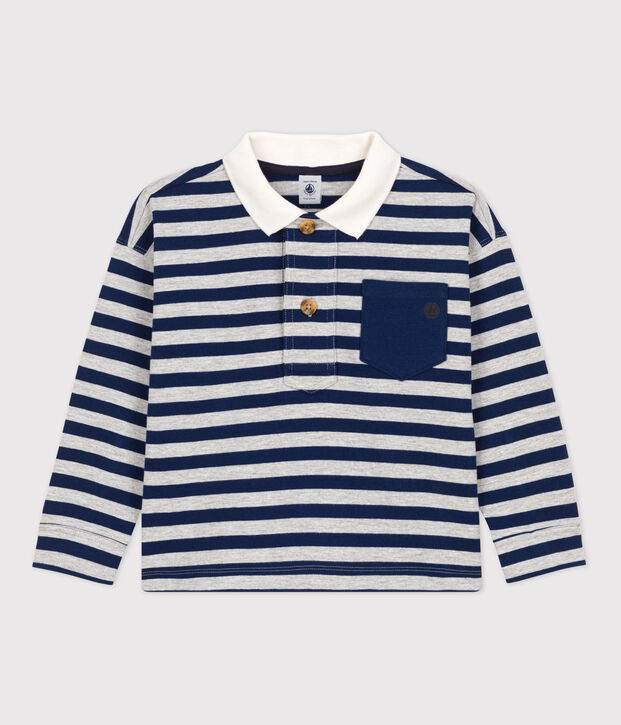 Polo de manga larga a rayas de algod&oacute;n de ni&ntilde;o azul/gris
