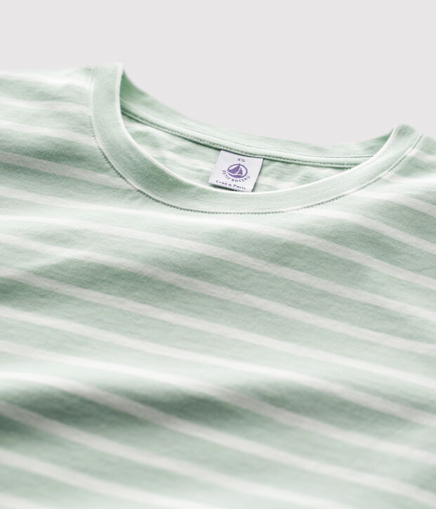 Camiseta RECTA con cuello redondo de algod&oacute;n org&aacute;nico de mujer verde/blanco