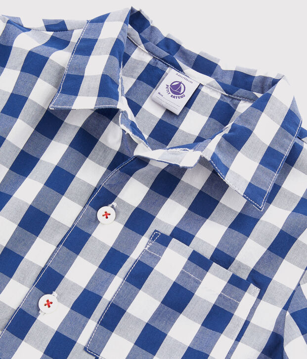Pijama de cuadros en sarga de ni&ntilde;o azul/blanco