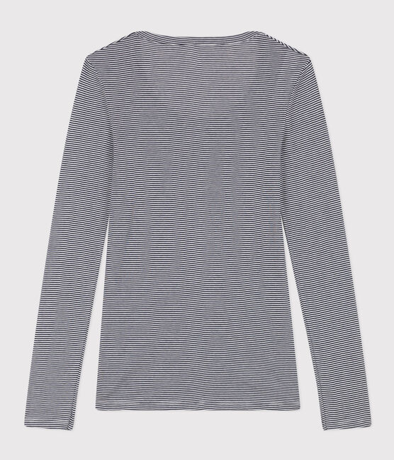 Camiseta segunda piel de algodón ligero a rayas para mujer azul SMOKING/blanco MARSHMALLOW