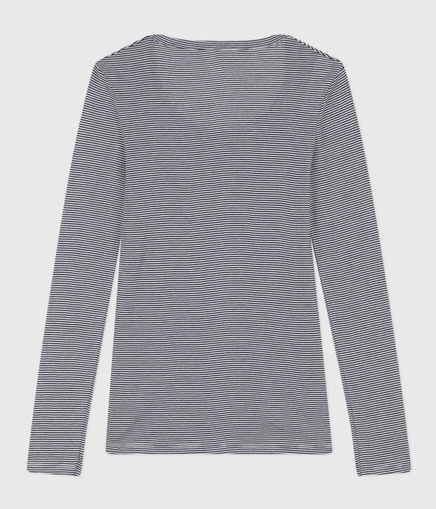 Camiseta segunda piel de algod&oacute;n ligero a rayas para mujer azul/blanco