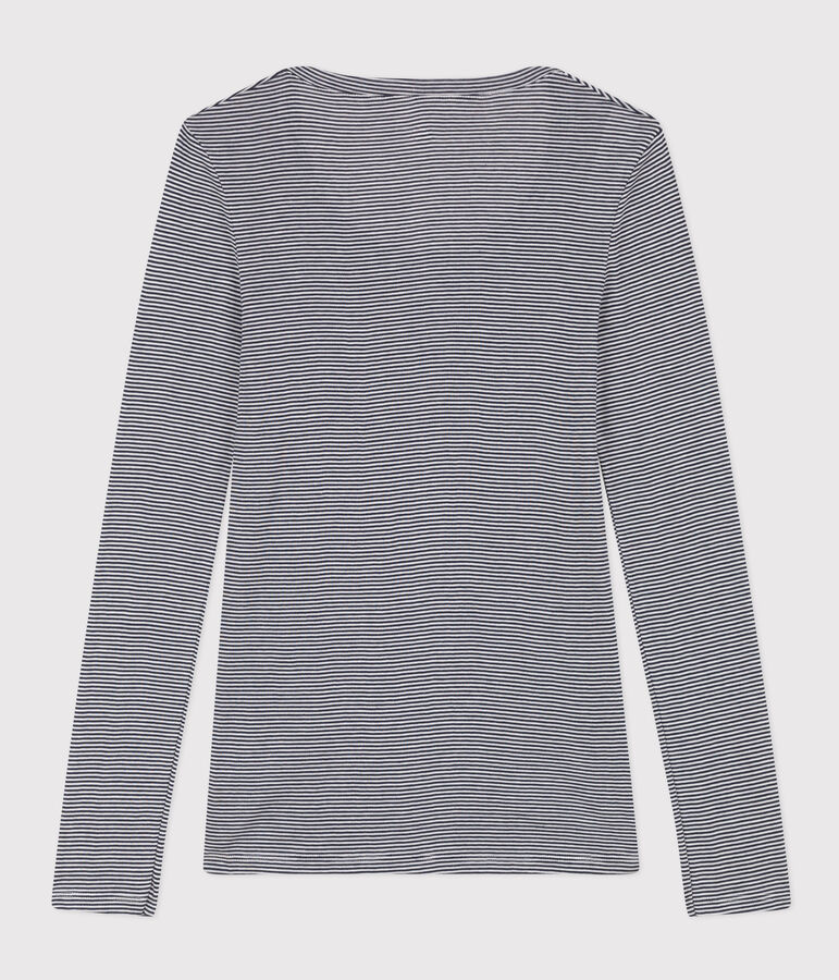 Camiseta segunda piel de algod&oacute;n ligero a rayas para mujer azul/blanco