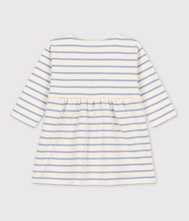 Vestido de manga larga a rayas marineras de algod&oacute;n de beb&eacute; crudo/azul
