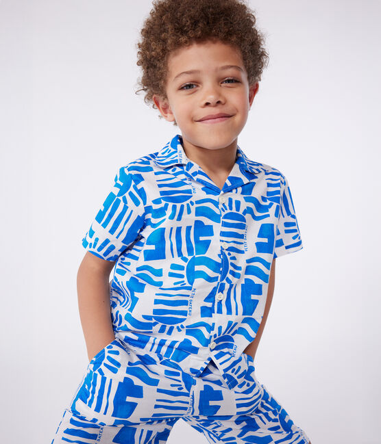 Camisa infantil de algodón de manga corta con estampado azul MARSHMALLOW/ PORCELANA