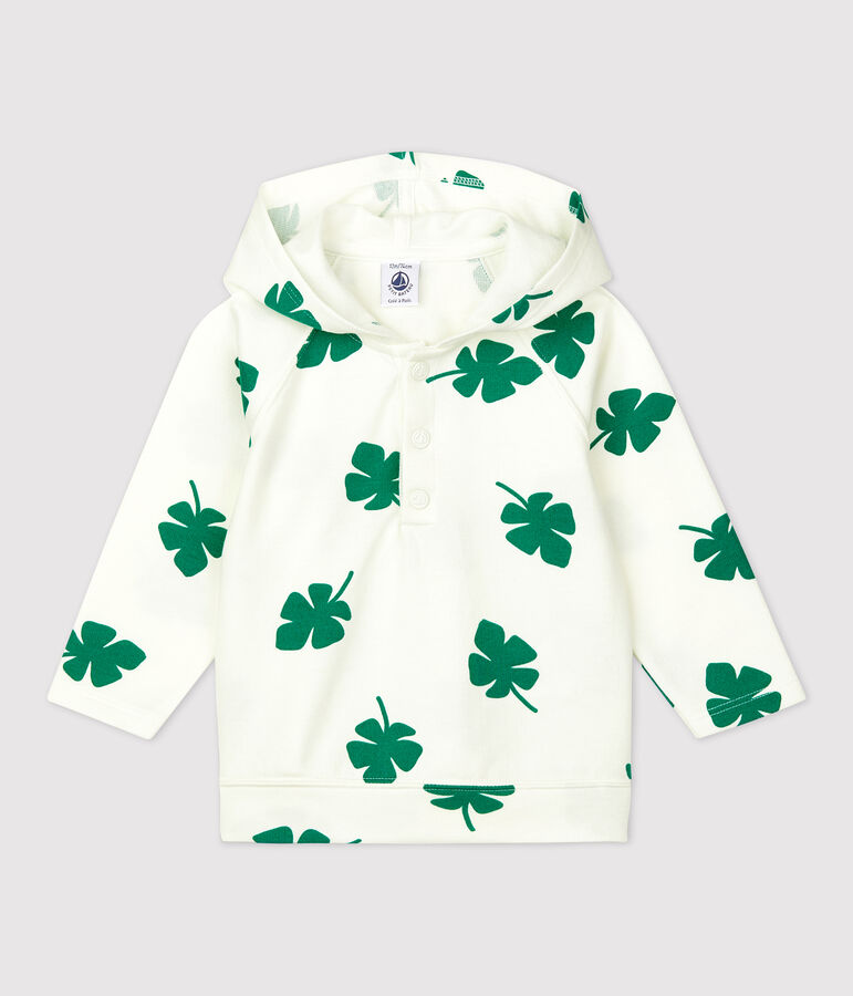 Sudadera con capucha con estampado vegetal de mulet&oacute;n de beb&eacute; blanco MARSHMALLOW/verde GAZON