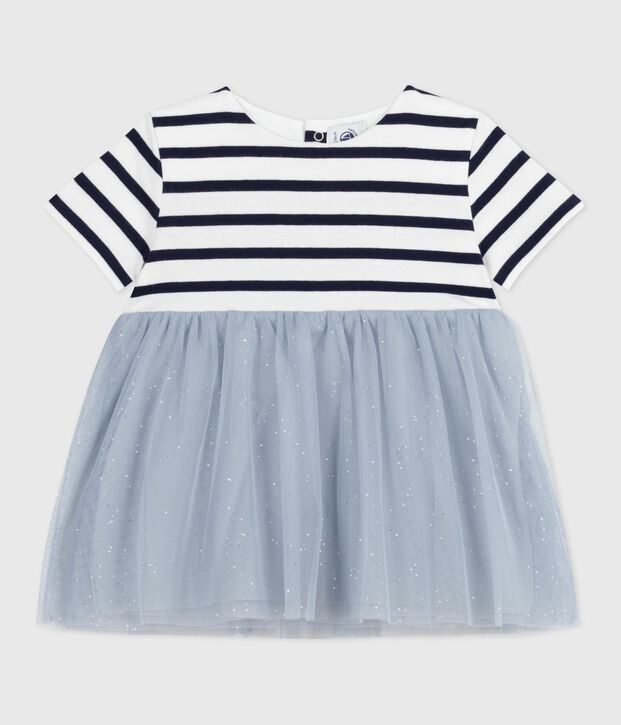 Vestido de dos materiales de manga corta para beb&eacute; azul/multicolor