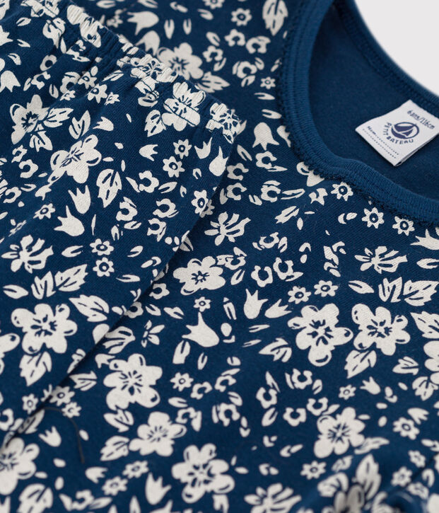 Pijama de algod&oacute;n con flor para ni&ntilde;a azul/blanco