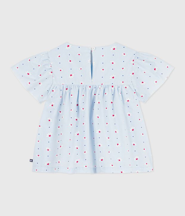 Blusa infantil de manga corta de popelina de algod&oacute;n estampada azul/multicolor