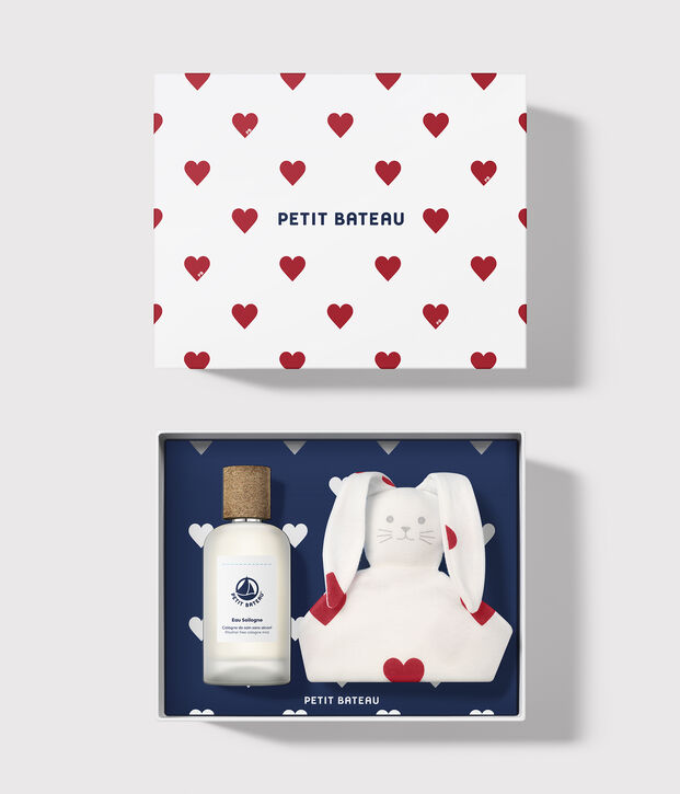 ESTUCHE DE REGALO CON PERFUME Y PELUCHE PARA RECI&Eacute;N NACIDO blanco/blanco