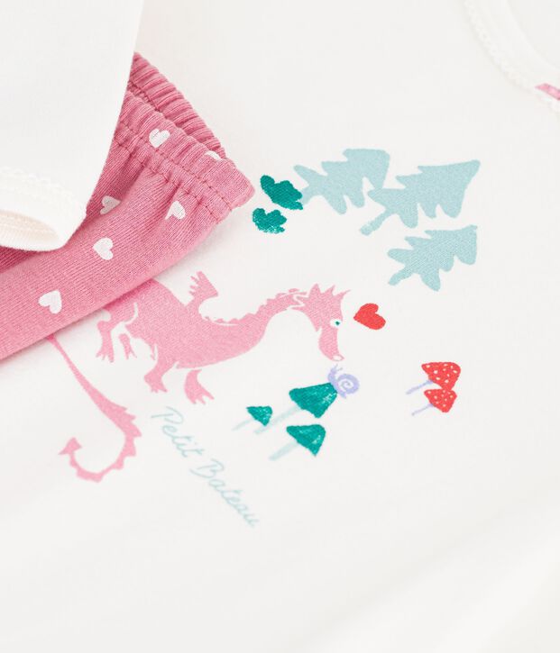 Pijama infantil de algod&oacute;n con estampado de dragones rosa/blanco
