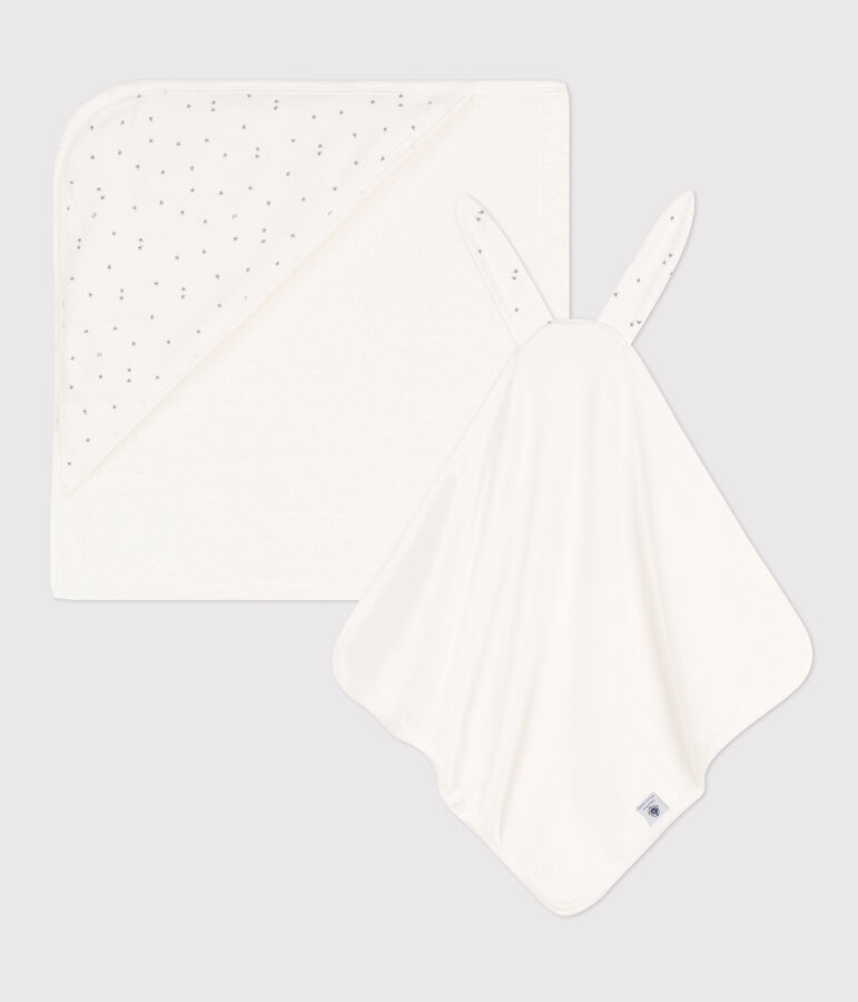 Capa de ba&ntilde;o y doudou de algod&oacute;n blanco/gris