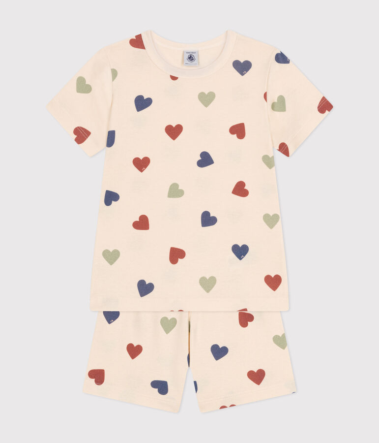 Pijama corto infantil de algod&oacute;n con estampado de coraz&oacute;n crudo/multicolor