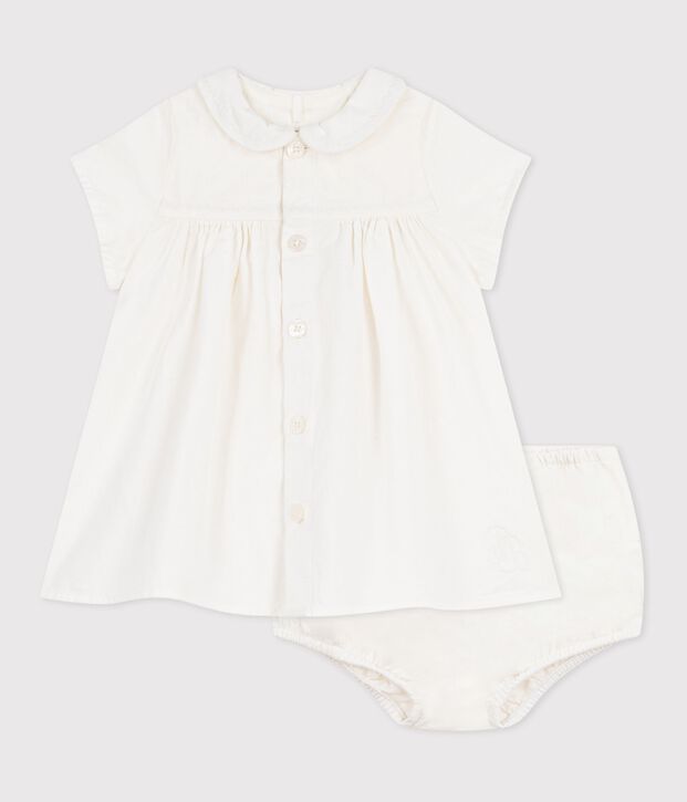 Vestido de algod&oacute;n/lino con pololo y detalle bordado para beb&eacute; blanco