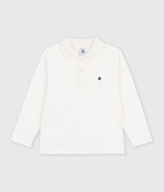 Polo infantil liso de manga larga de algod&oacute;n blanco