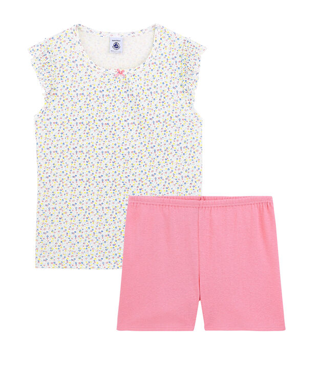Pijama corto de lino/algod&oacute;n para ni&ntilde;a blanco/multicolor