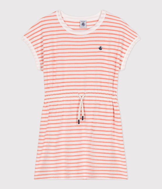 Vestido infantil de rizo de algodón de manga corta a rayas naranja MARSHMALLOW/ ABRICOT