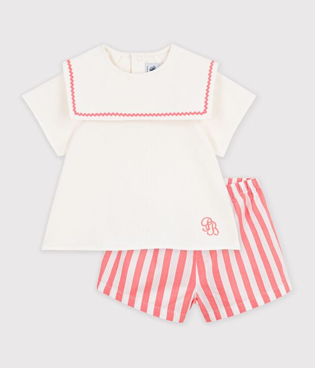 Conjunto para beb&eacute; de 2 piezas de algod&oacute;n/lino, parte superior con cuello marinero rosa/blanco