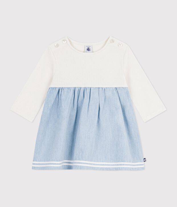 Vestido de dos materiales, algod&oacute;n y chambray, de manga larga para beb&eacute; crudo/multicolor