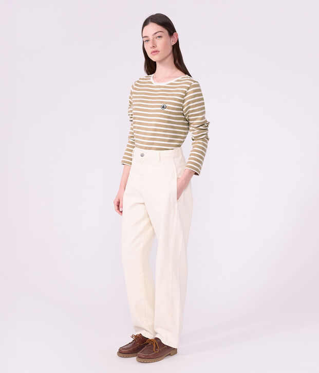 Marinera de algod&oacute;n de manga larga para mujer beige/blanco