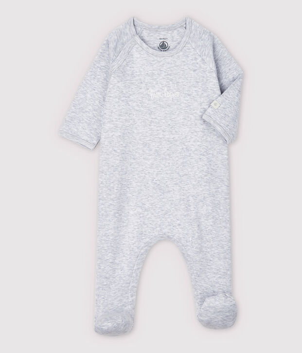 Pijama enterizo gris jaspeado de beb&eacute; de algod&oacute;n ecol&oacute;gico gris