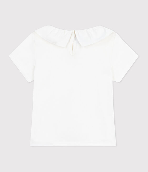 Camiseta infantil lisa de manga corta de algod&oacute;n con cuello blanco