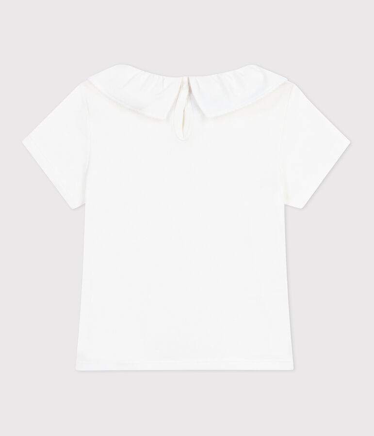 Camiseta infantil lisa de manga corta de algod&oacute;n con cuello blanco