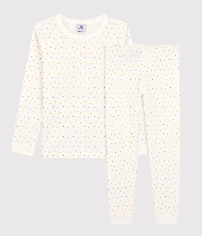 Pijama de algod&oacute;n org&aacute;nico con estrellas multicolores para ni&ntilde;o/ni&ntilde;a blanco/multicolor