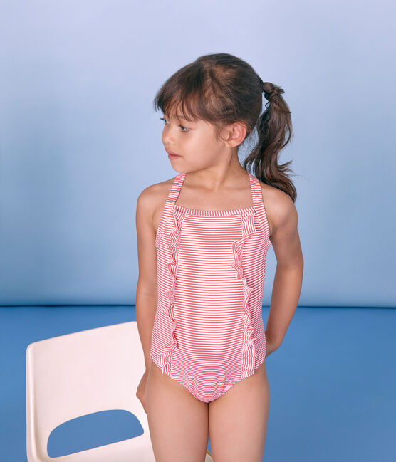 Traje de baño 1 pieza para niña rosa GROSEILLER/blanco MARSHMALLOW
