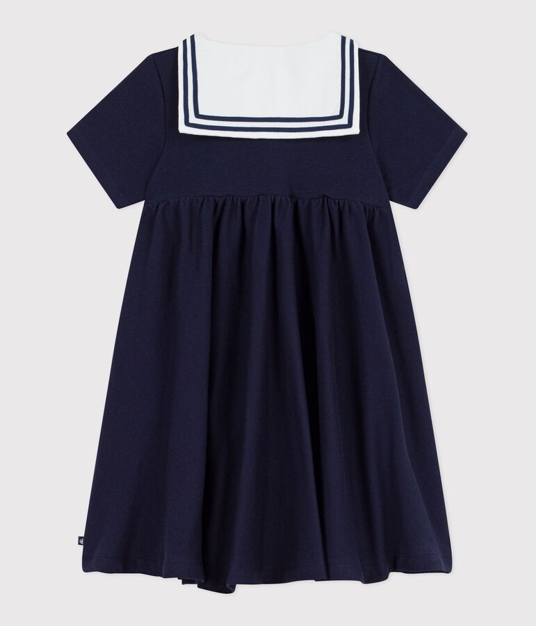 Vestido infantil liso de algod&oacute;n de manga corta azul SMOKING