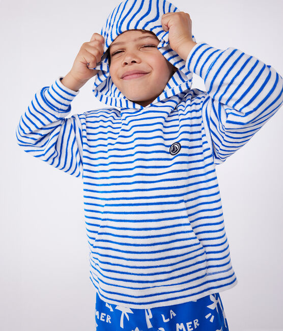 Sudadera infantil unisex de rizo de algodón a rayas con capucha azul MARSHMALLOW/ PORCELANA