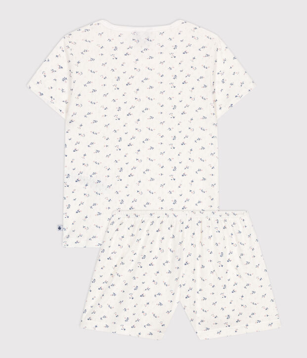 Pijama corto infantil de algod&oacute;n calado con estampado de flores blanco/multicolor