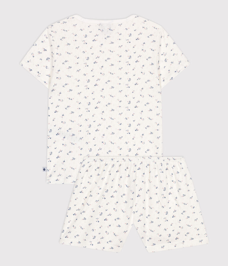 Pijama corto infantil de algod&oacute;n calado con estampado de flores blanco/multicolor