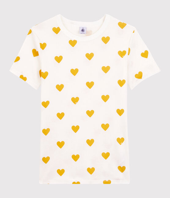 Camiseta de cuello redondo con corazones de algodón de mujer blanco MARSHMALLOW/amarillo OCRE