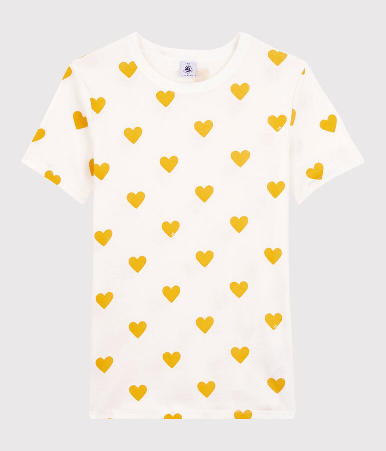 Camiseta de cuello redondo con corazones de algod&oacute;n de mujer blanco/amarillo
