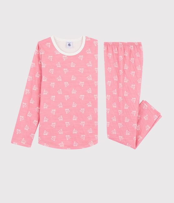 Pijama de jacquard con gatitos para niña de lana y algodón rosa CHEEK/blanco MARSHMALLOW