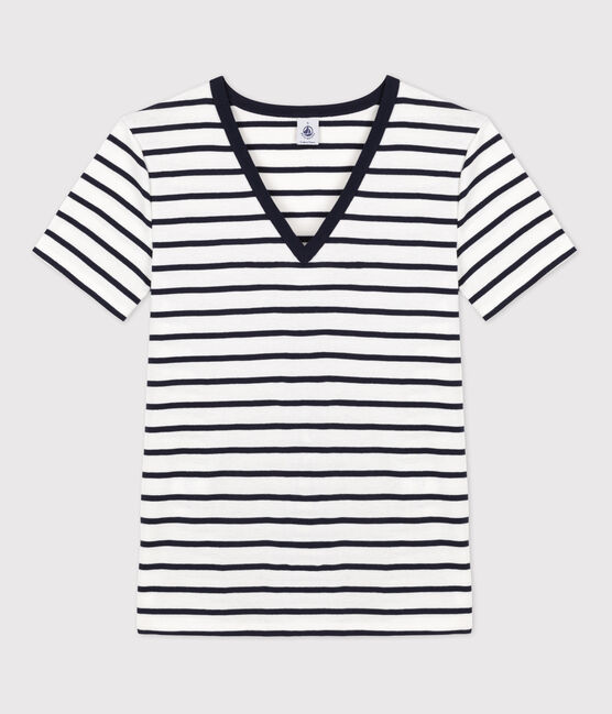 Camiseta L'ICONIQUE con cuello de pico de algodón orgánico de mujer blanco MARSHMALLOW/azul SMOKING